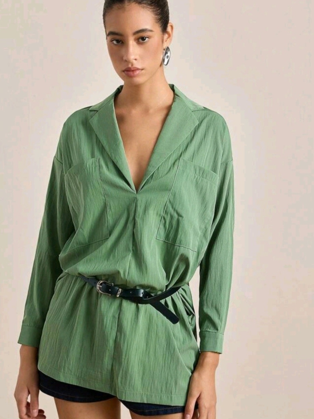 SHEIN Sage Green Lightweight V-Neck Buttonless Blouse